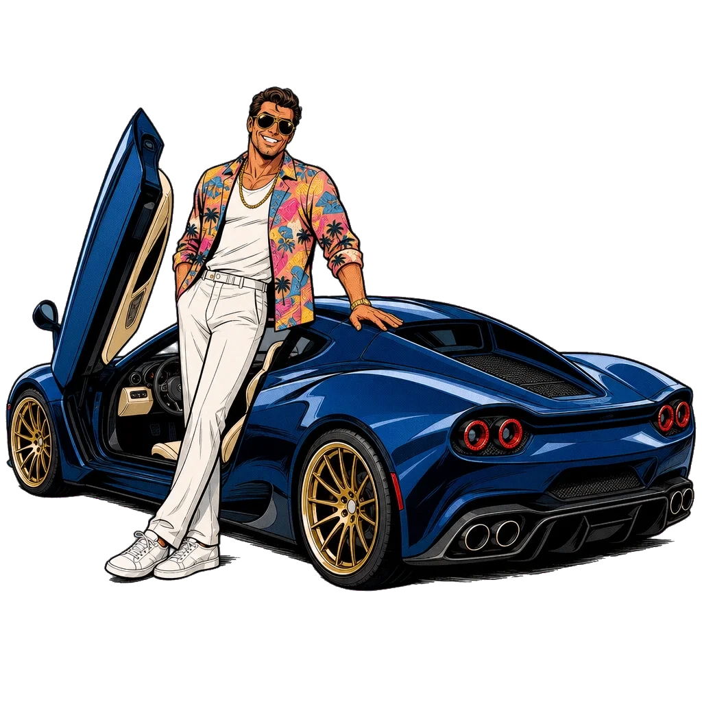 Chase Calloway, leaning on a hypercar in sunglasses and a palm-print shirt